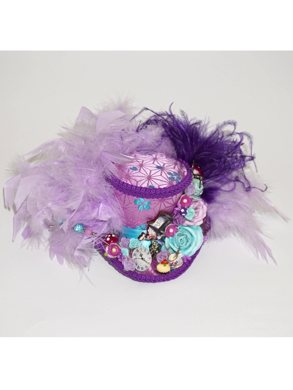Alice in Wonderland Micro Mad Hatter Hat Tea Party Fascinator Feather Maximalist